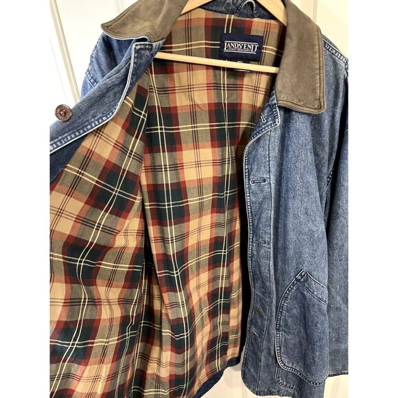 Vintage Land's End Denim Chore Jacket Plaid Lined with Leather Collar Size Large - Picture 8 of 9